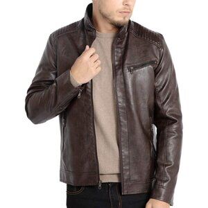 🆕Men's Coffee1301 Collar Leather Motorcycle Lightweight Faux Leather Jacket